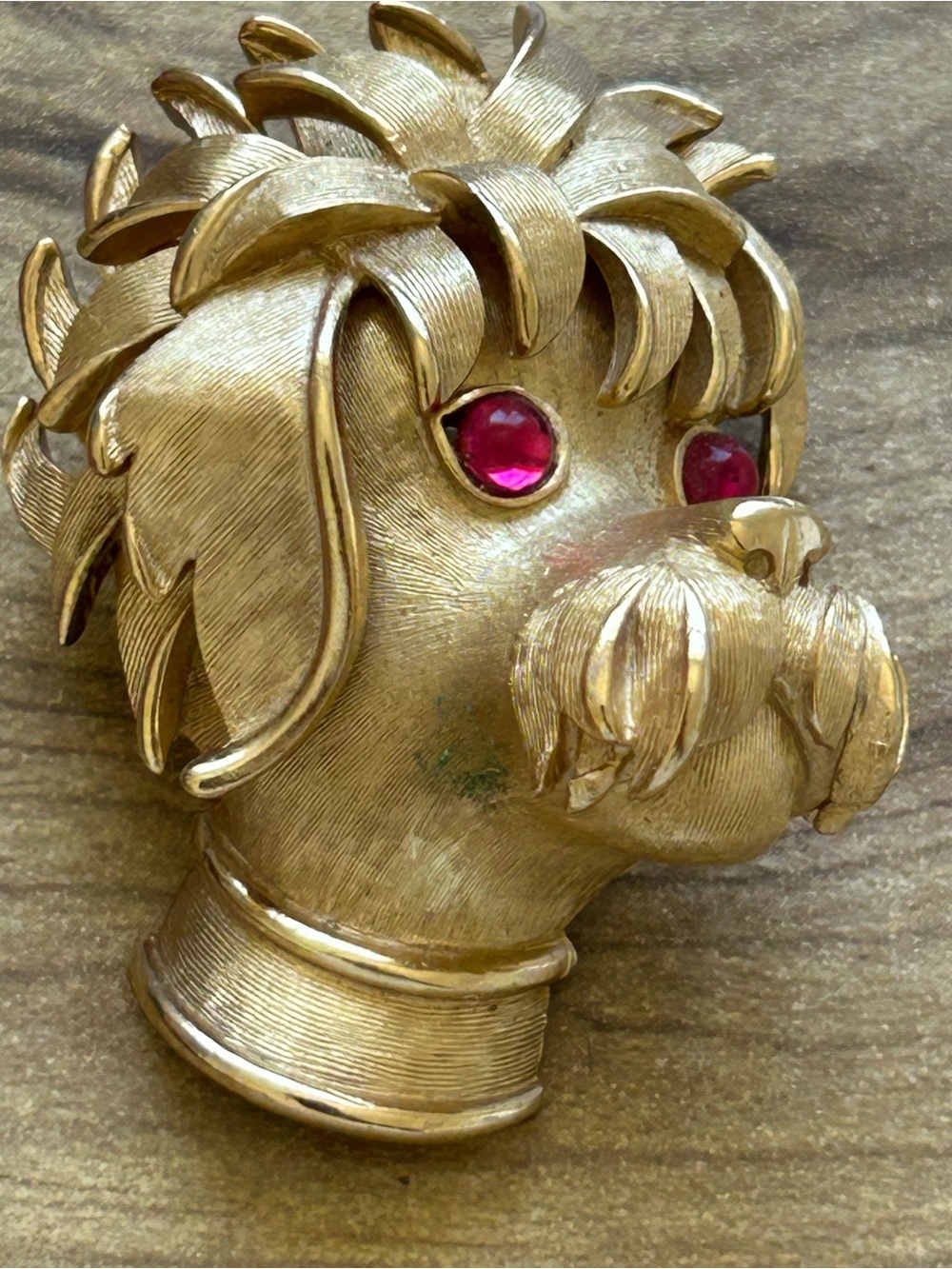 Trifari Gold-Tone Dog Head Brooch with Pink Rhinestone Eyes